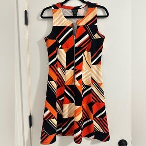 Fit and Flare Black and Orange Geometric Mini Dress